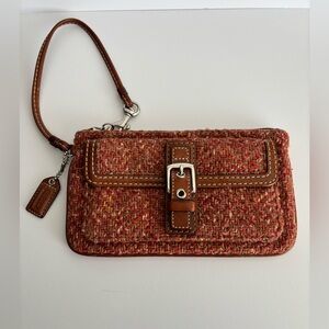 Coach Tweed Herringbone Wristlet Clutch Leather Trim Turnlock Brown
